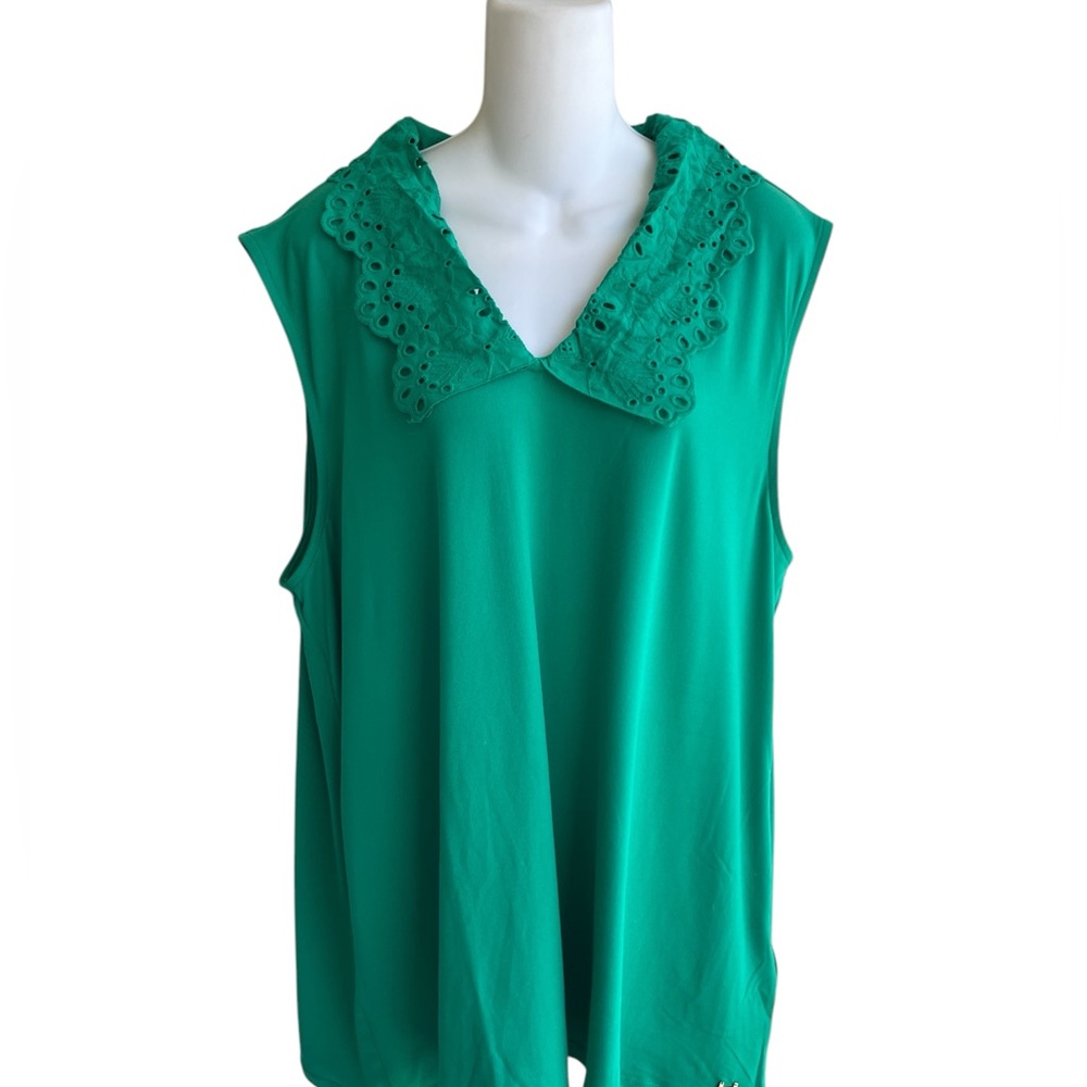 H Halston Green Sleeveless Pullover Top Eyelet Collar Ladies XXL NWT